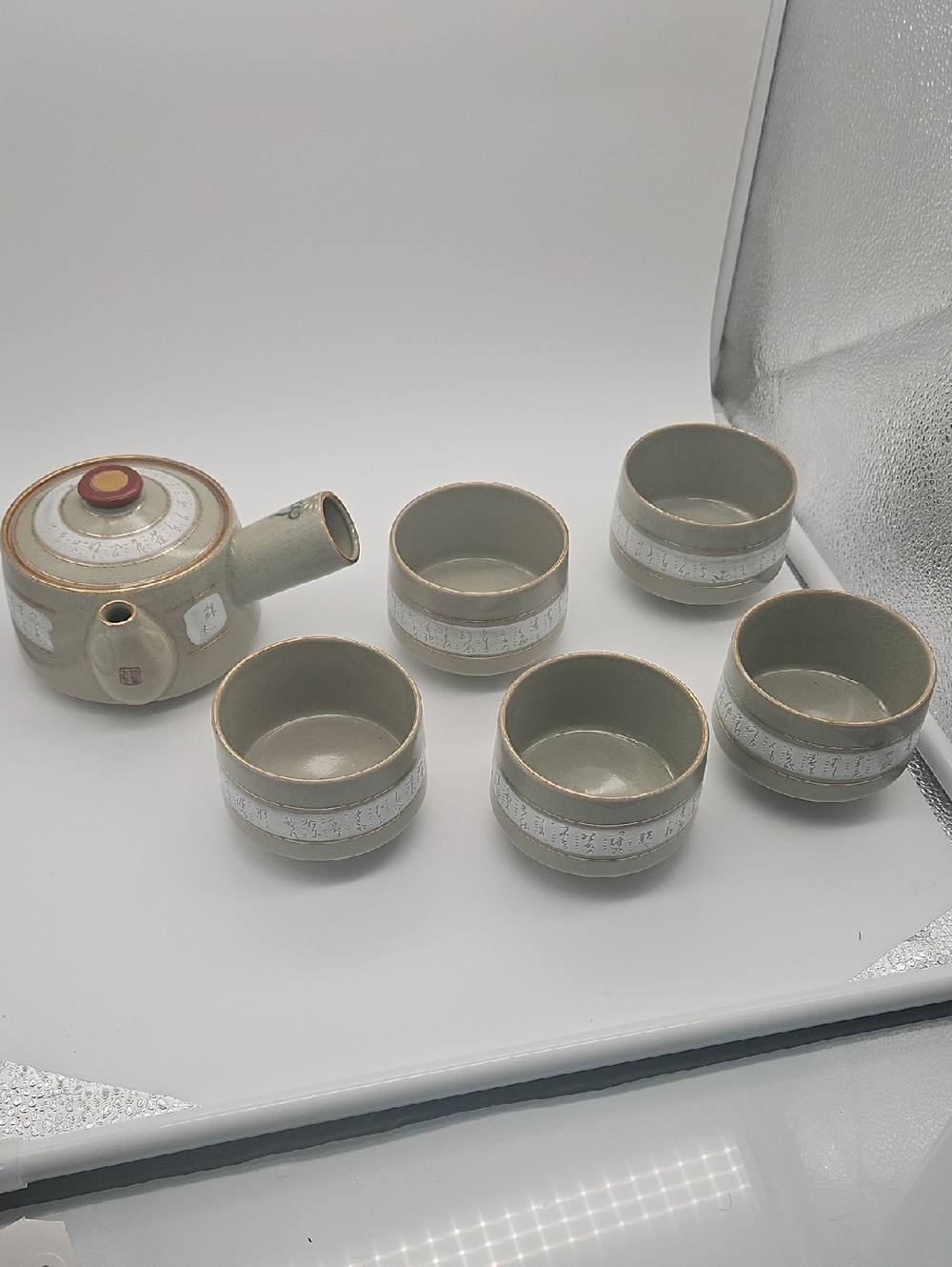 Ceramic Teapot and Five Cup Tea Set in Sage Green with White Banding